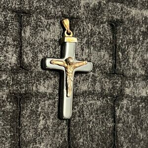 Gold plate & Black Hematite Crucifix Pendant - Men's Religious Necklace